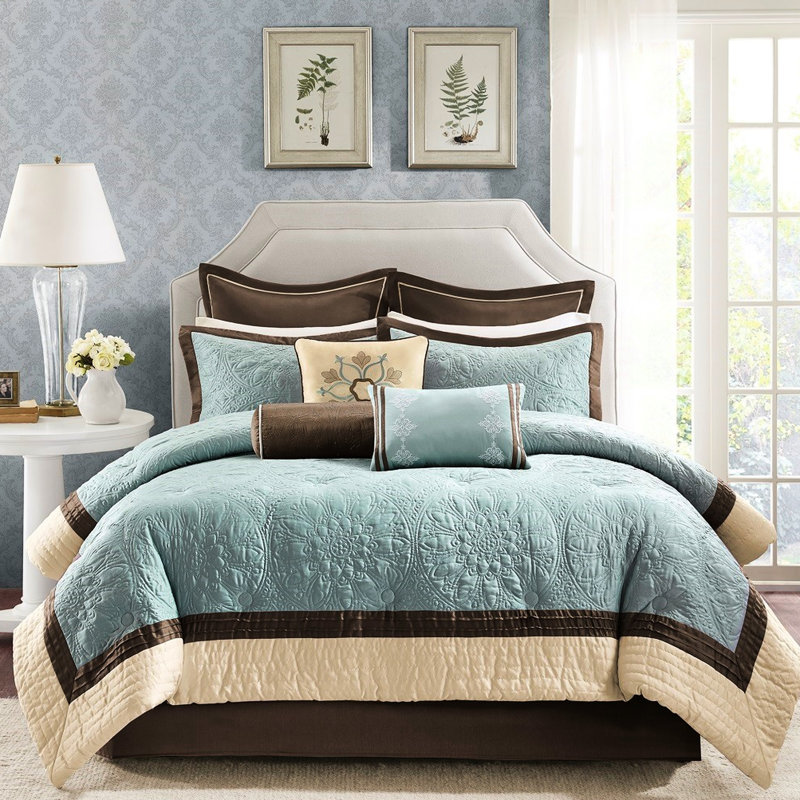 Édredon 9 pièces Charmeuse en bleu pour très grand lit, avec coussins décoratifs et très grand lit décoratif décoratif européen