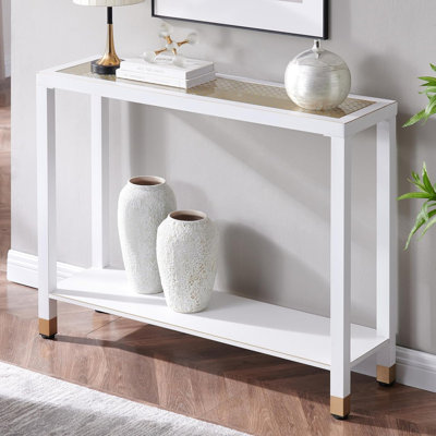 Console de 41 po en verre étroit pour petits espaces - Canapé d'entrée à 2 niveaux avec tablettes, table de couloir en métal blanc et doré, profondeur de 12 po pour le canapé derrière