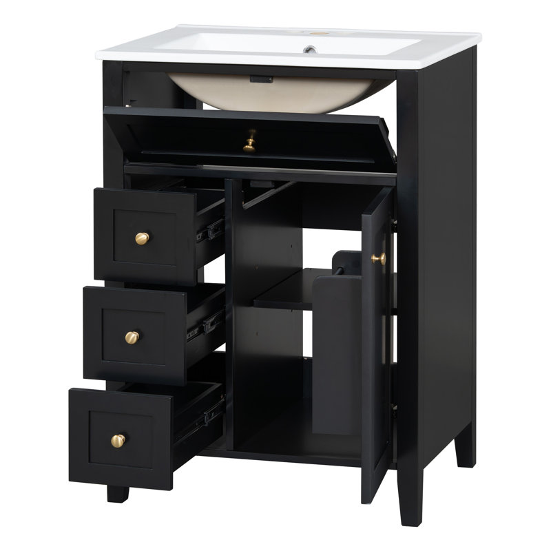 Meuble-lavabo moderne 24 po avec lavabo, 3 tiroirs et support de porte (noir / blanc / bleu / gris / vert), Noir
