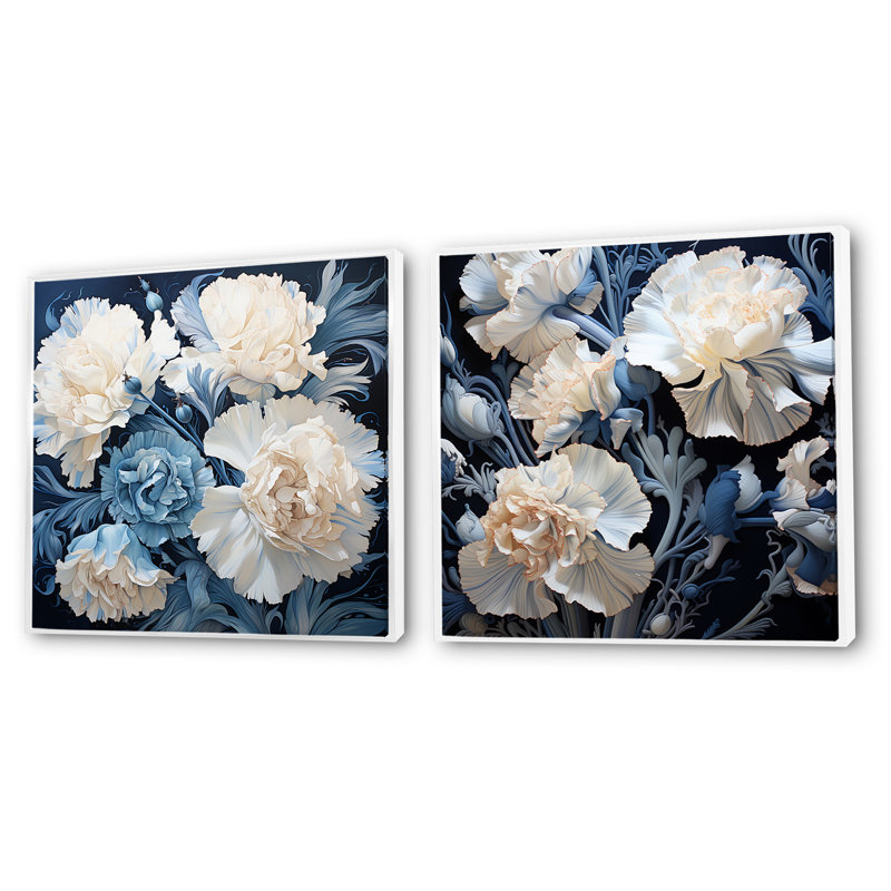 Arrangement d'œillets blanc et bleu - ensemble de 2 œillets carrés, H 16 po x l 33 po, Cadre flottant blanc