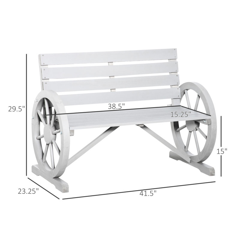 Outdoor Rustic Bench With 41" Wooden Wagon Wheel, Gray, Weather Resistance, , 2 Seat, Fir Wood Garden In Wheel And Weather-