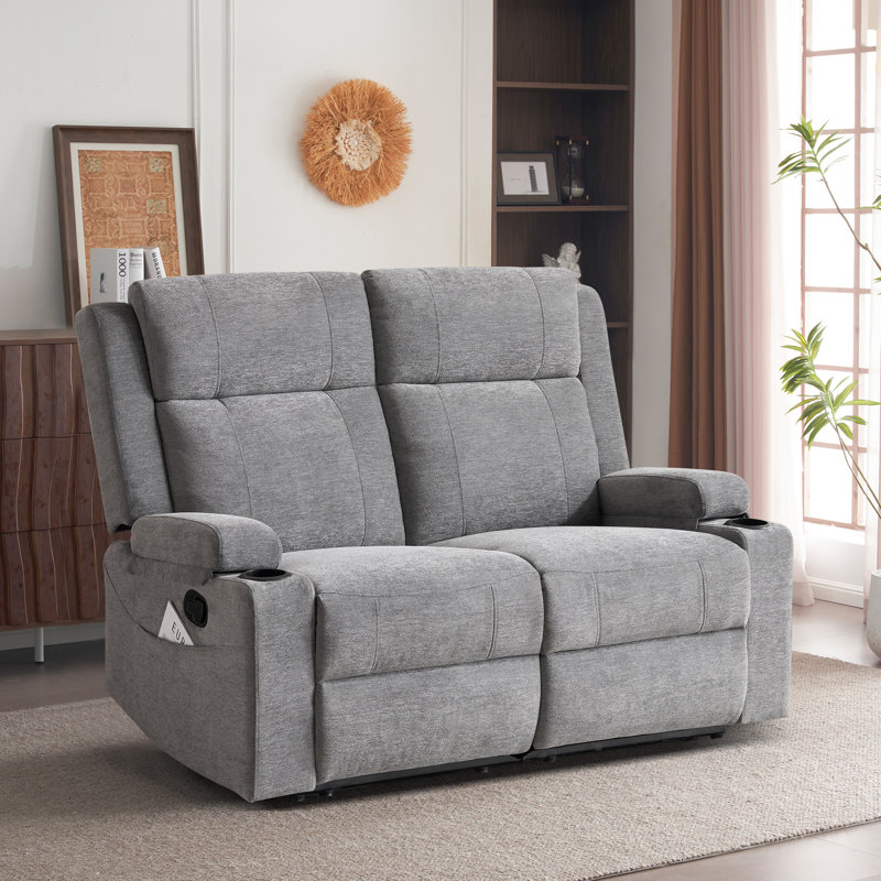 Modern Chenille Manual Reclining Loveseat With Cup Holders & Storage Armrests, Adjustable Backrest, Compact Design For Living Room-Grey