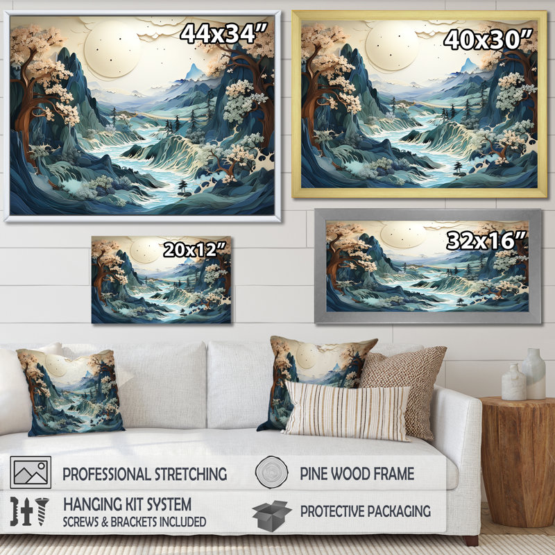 «Vintage Winter River In Japon II», art mural paysage d'hiver, H 24 po x l 32 po x P 1 po, Cadre doré à coins fermés