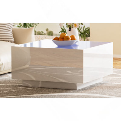 Table basse carrée ultrabrillante carrée avec 16 lumières DEL colorées, table centrale moderne avec plateau en verre trempé givré de 5 mm pour le salon, blanc, 27,5 x 27,5 po