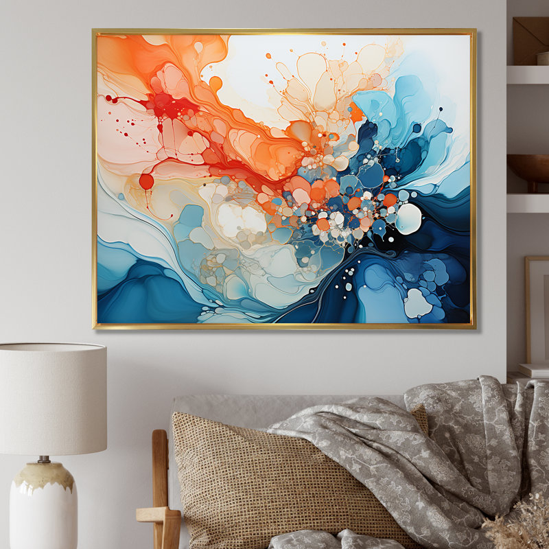 «Orange and Teal Essence Ink», reproduction d'art sur toile abstraite, Cadre flottant doré, L 20 po x H 12 po