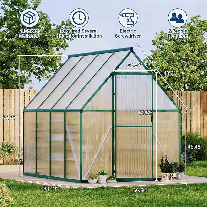 Serre en polycarbonate avec cadre en aluminium 6 pi x 7 pi, ensemble de jardin d'extérieur robuste, Vert
