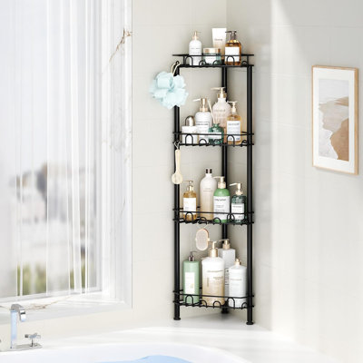 Étagère de coin de douche sur pied - Étagère de douche à 4 niveaux en acier inoxydable avec 16 crochets et pastilles adhésives, support antirouille, blanc
