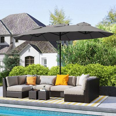 Outsunny Double Sided Patio Umbrella, Outdoor Market Umbrella with Push Button Tilt and Crank, 3 Air Vents and 12 Ribs, for Garden, Deck, Pool, Gray