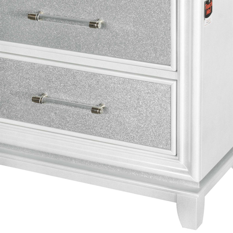 Table de chevet Galaxy à 2 tiroirs avec lumières DEL, fini blanc nacré et tissu scintillant
