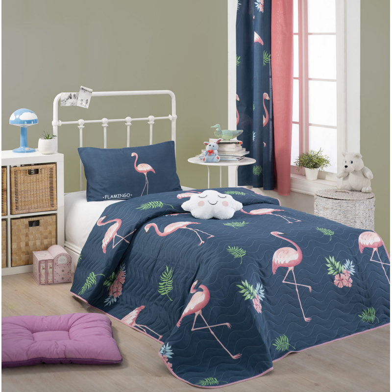 Ensemble de couvre-lit matelassé simple de qualité supérieure, bleu foncé avec des accents roses et verts | Housse 65% coton / 35% polyester | Rembourrage 100% fibre, lavable à la machine, taie d'oreiller avec fermeture à enveloppe, couette à fermeture à boutons