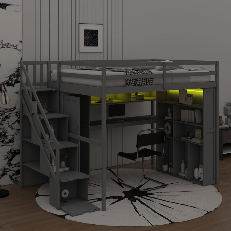 Structure de lit mezzanine avec garde-robe et bureau intégrés, tablettes et lumières DEL, Gris