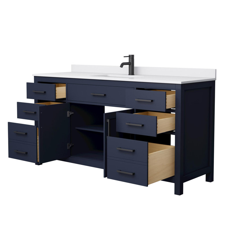Beckett 66" Freestanding Single Bathroom Vanity with Cultured Marble Top, Dark Blue, White Cultured Marble, Matte Black