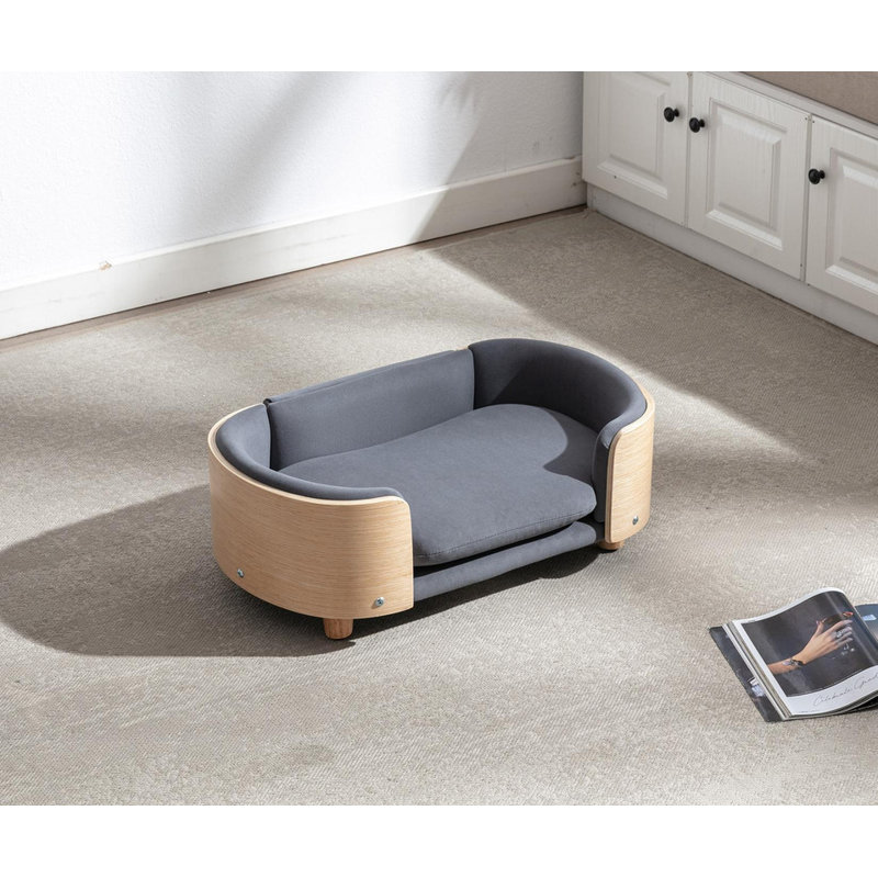 Petit canapé pour chien en velours avec pieds en bois massif et dossier en bois courbé de style scandinave, Gris foncé