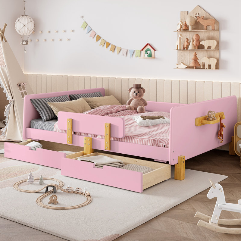 Lit plateforme double avec tiroirs de rangement, Rose, Lit double