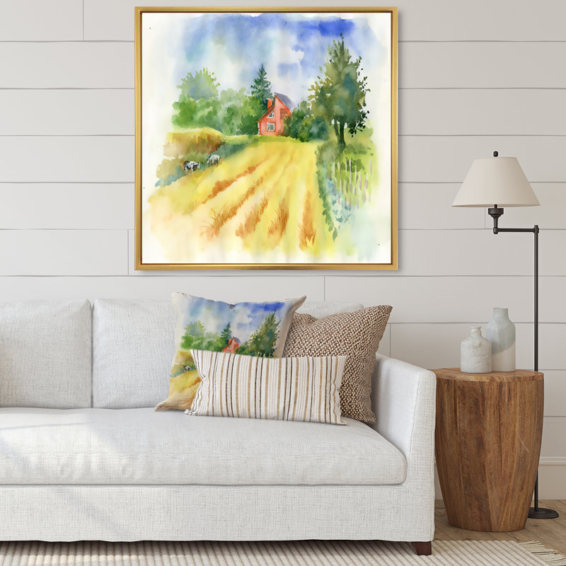 Champ et vaches avec maison - Peinture sur toile, H 36 po x l 36 po x P 1,5 po, Cadre flottant doré