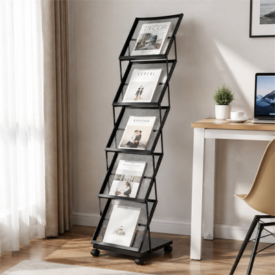 Black Five-Pocket Foldable Wheeled Brochure Rack, Movable Metal Floor Standing Exhibition Magazine and Document Display Rack