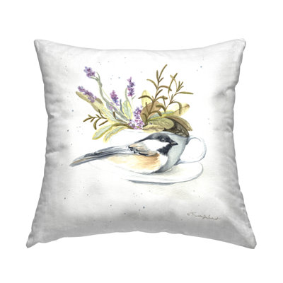 Bird On Lavender Teacup Printed Throw Pillow Design By Kelley Talent