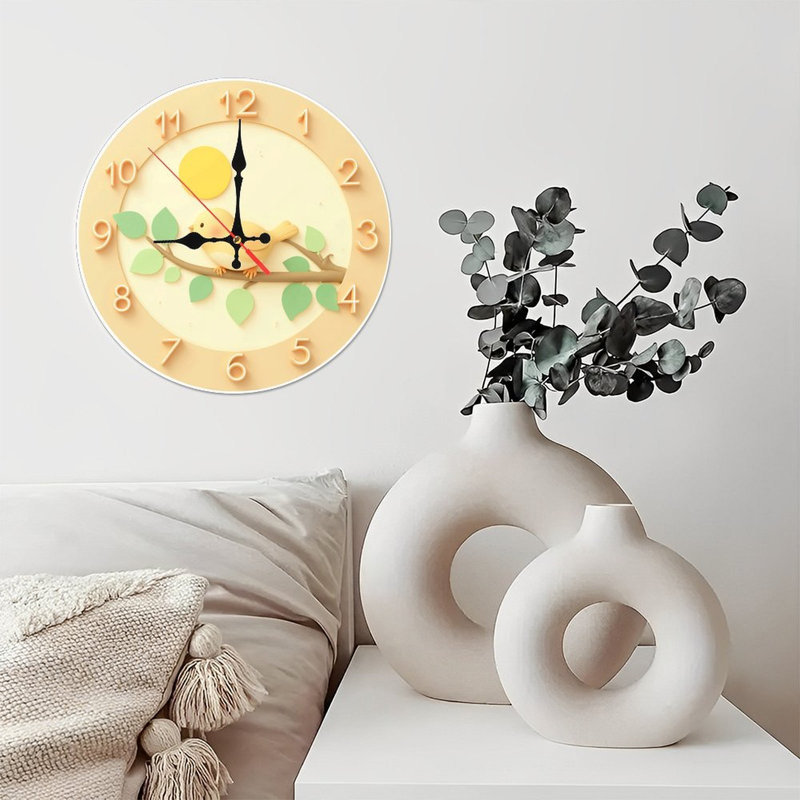Jolie horloge oiseau, branches de soleil, feuilles, décor