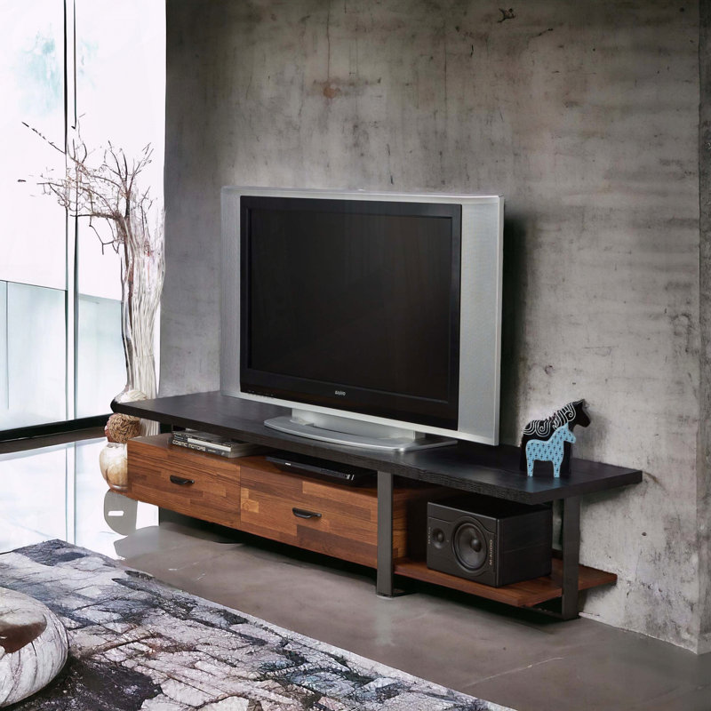Meuble télé 2 tiroirs noyer et noir avec tablette ouverte pour téléviseurs de 55 po
