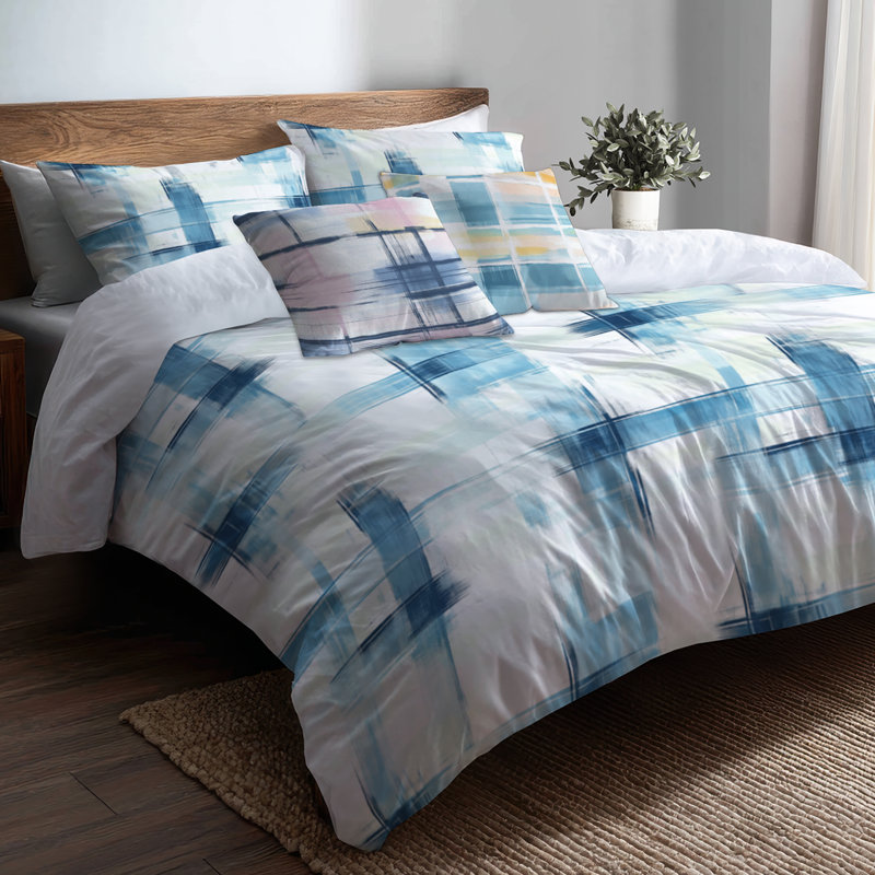 Ensemble de literie moderne 5 pièces - Ensemble de housse de couette et de coussins à carreaux Horizon
