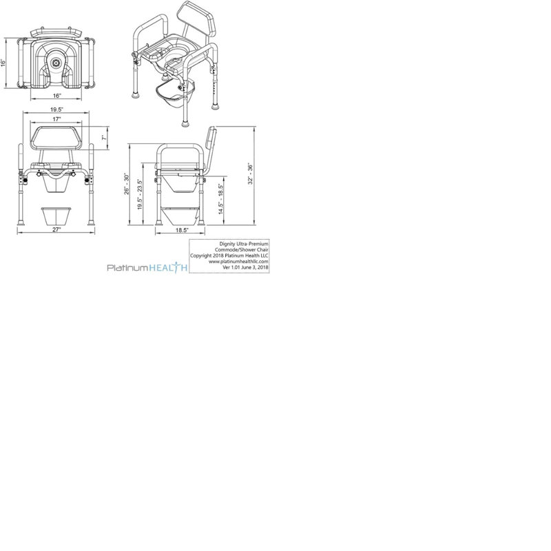 Platinum Health Dignity Premium Padded Commode Shower Chair Adjustable Height, Toilet Paper Holder