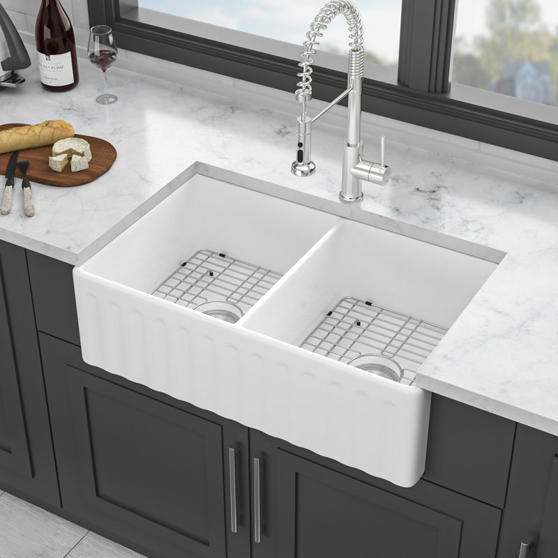 White Farmhouse Sink - 33 X 20 X 10 Inch White Ceramic Porcelain Double Bowl Reversible Design Farm Kitchen Sink