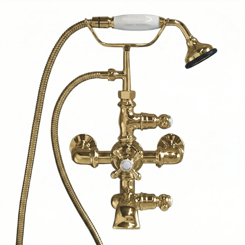 Thermostatic Wall Mount Tub Faucet with Handheld (P0894), Unlacquered Polished Brass
