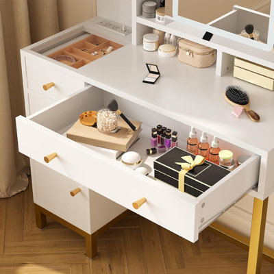 Vanity Desk with Mirror and Lights, Makeup Desk Dressing Table with LED Lighted Mirror & Power Outlet,3 Lighting Color for Bedroom