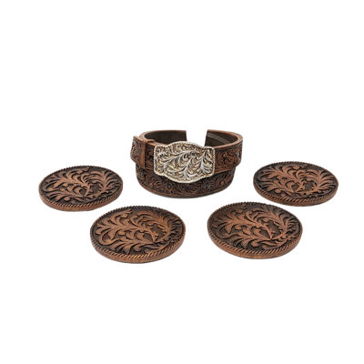 Western Belt Buckle Coaster Set with Faux Tooled Leather Scroll Pattern – Rustic Resin Cowboy Drink Coasters with Holder