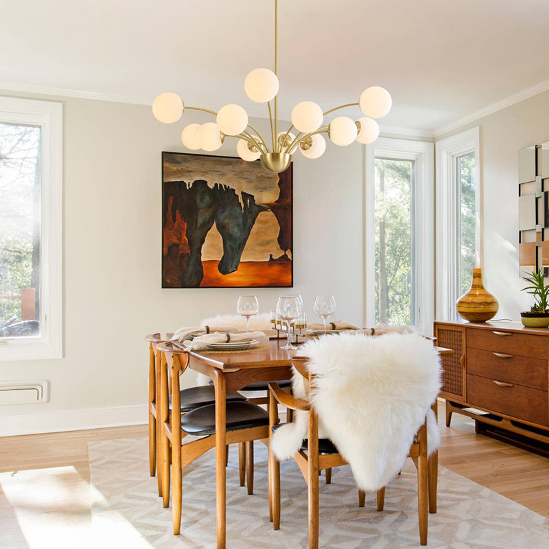 12 - Light Brass Frosted Glass Globe Starburst Chandelier