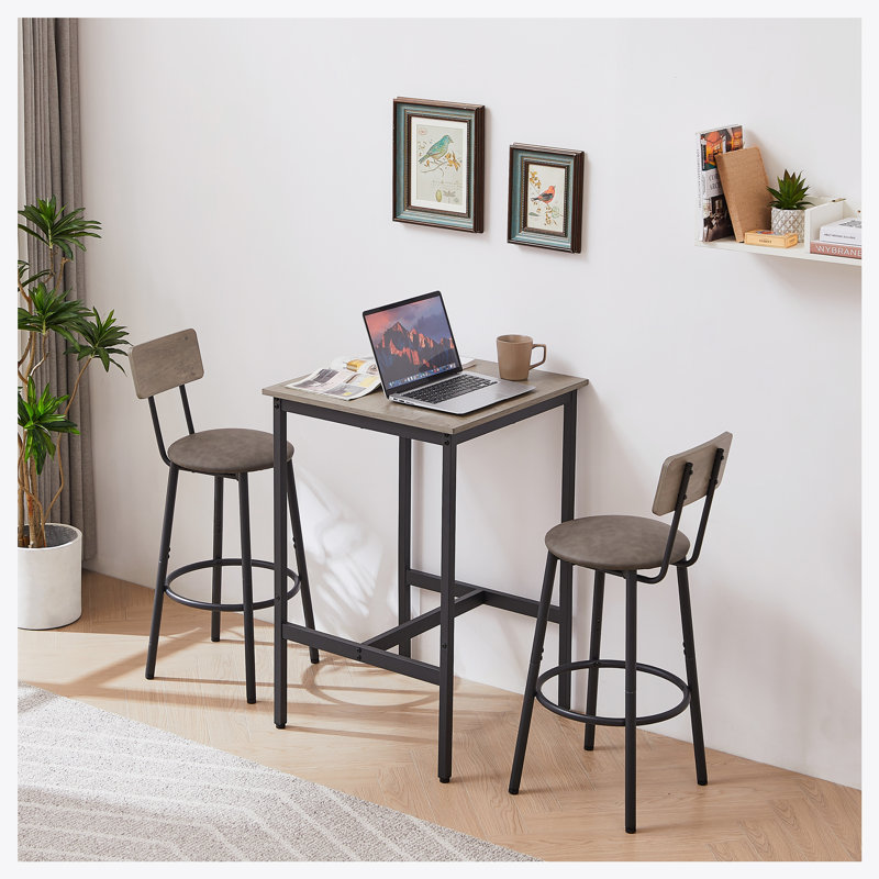Bar Table Set with 2 Bar stools PU Soft seat with backrest, Light Grey, Grey