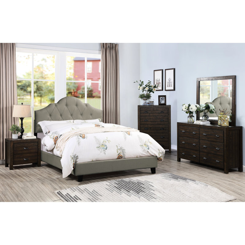 Lit double pleine grandeur, revêtement en polyfibre gris, lit élégant avec tête de lit tapissier
