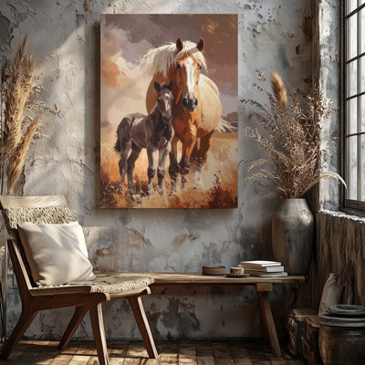 Canvas Maternal Bond Horse Canvasmother And Foal In Dusty Field Wall Art Ready To Hang Gallery Wrapped Home Decor Modern Design Decor