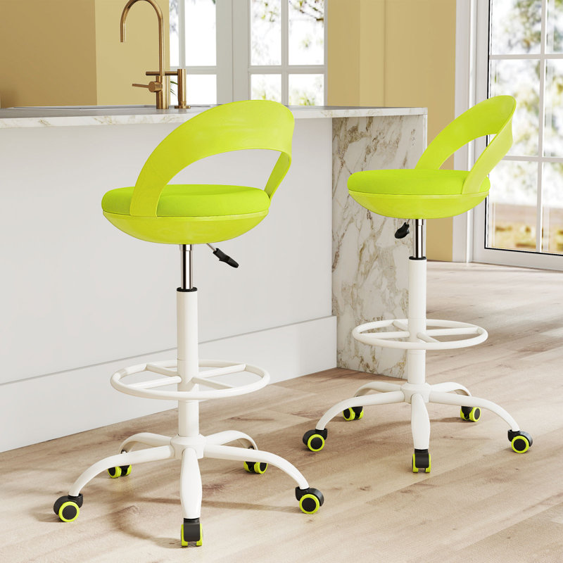  2 PCS Drafting Stool Rolling Tall Desk Chair w/ Wheels Low Backrest Footrest Green