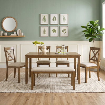 Dining Table Set with Large Rectangular Table, Upholstered Bench and 4 X-Back Chairs