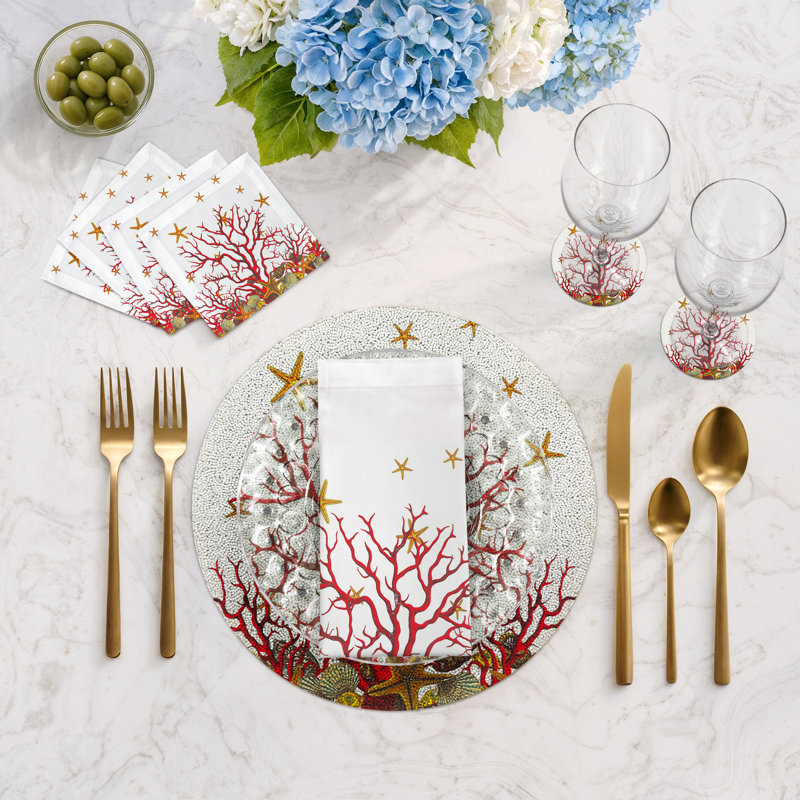 Coral Reef Cotton Sateen Cocktail Napkins, White Red