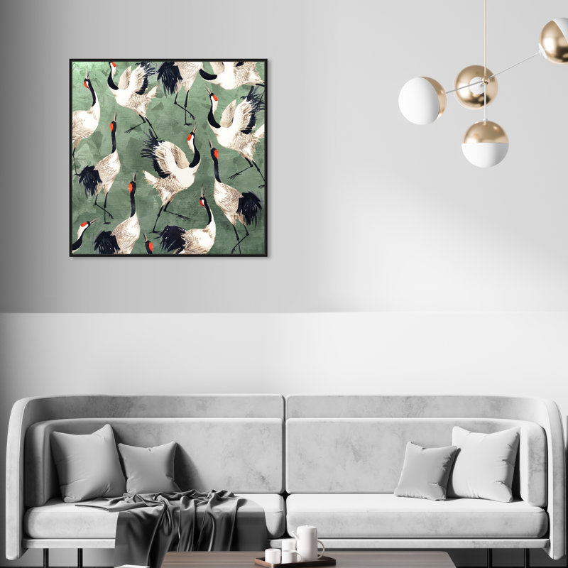 «Animals Grazing Cranes Birds», impression sur toile, H 30 po x l 30 po, Toile encadrée, Noir