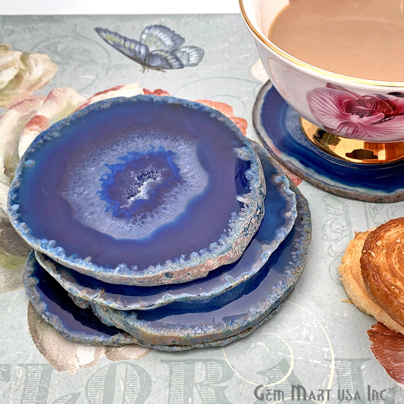 Sous-verres en agate bleue naturelle, accessoires de cuisine, Bleu / Naturel