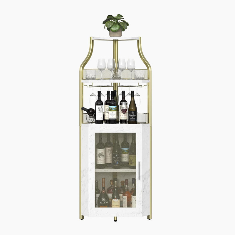 Armoire à vin de coin avec lumières DEL et porte-verre, armoire à 5 niveaux, or, 60.6 18.5 5.1, Doré