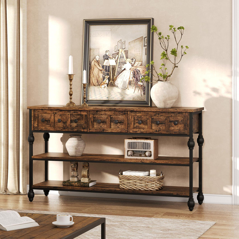 Table console 53 po, table d'entrée avec 3 tiroirs, table basse à 3 niveaux, Bois brun