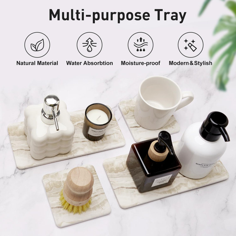 Ensemble de 4 pierres de séchage pour comptoir de cuisine, porte-savon, plateaux de lavabo de salle de bain en céramique, porte-éponge, porte-brosse à dents à séchage rapide, porte-éponge