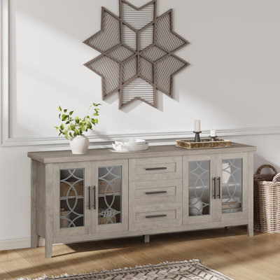 Meuble télé Farmhouse pour meuble télé de 70 pouces de style Mid-Century avec porte vitrée, meuble télé avec 2 portes de rangement et 3 tiroirs avec tablettes pour le salon
