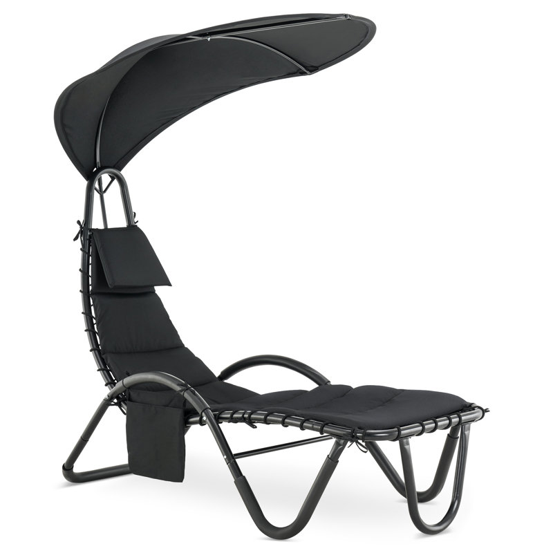 Benkelman Outdoor Steel Chaise Lounge Chair with Removable Canopy and Cushions, Black