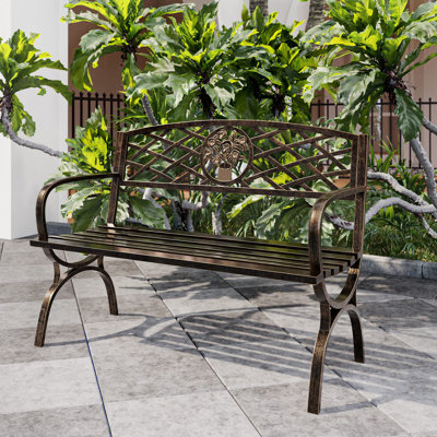 50 Inch Outdoor Garden Bench, Cast Iron Metal Loveseat Chairs , Antique Rose Accent Style Patio Seat Furniture, Bronze -  Alcott HillÂ®, 2651B72F7E91478BABDB96CB29CC986C