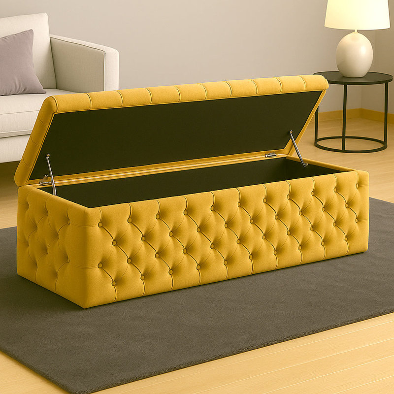 Lux Wide Velvet Chesterfield Rectangle Solid Color Standard Ottoman Box with Storage, 120cm W x 42cm D x 40cm H, Mustard Gold