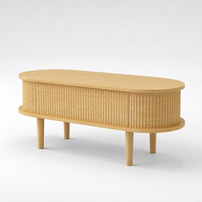 Table basse ovale à plateau relevable cannelé avec compartiment de rangement caché, table centrale en bois, table fonctionnelle moderne de style Mid-Century avec plateau surélevé