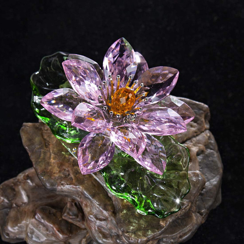 Pink Sparkle Crystal Hue Reflection Crystal Lotus Flower,Glass Home Decor for Feng Shui,Gift Boxed
