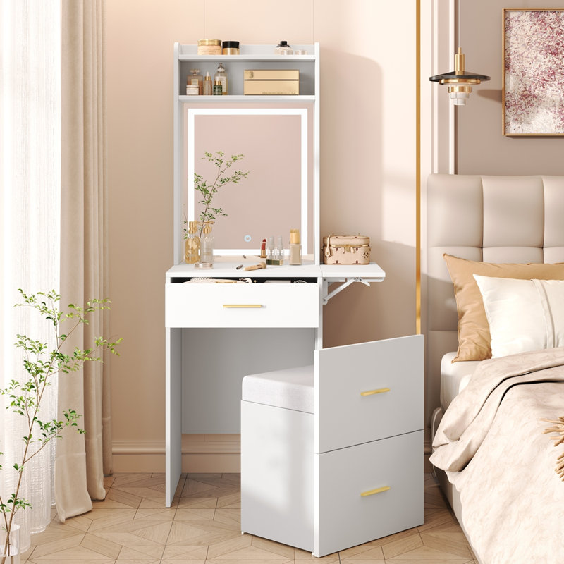 Petit bureau de meuble-lavabo compact avec miroir réglable, éclairage à DEL et station de charge pour les chambres modernes