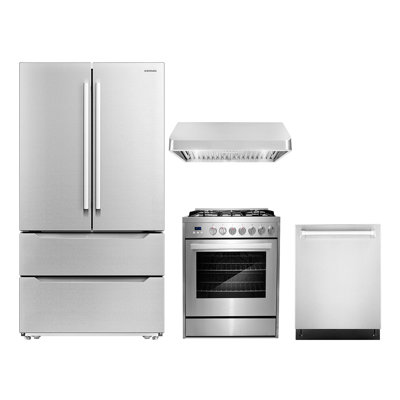 Cosmo 4 Piece Kitchen Appliance Package with French Door Refrigerator , 30'' Gas Freestanding Range , Built-In Dishwasher , and Under Cabinet Range Hood