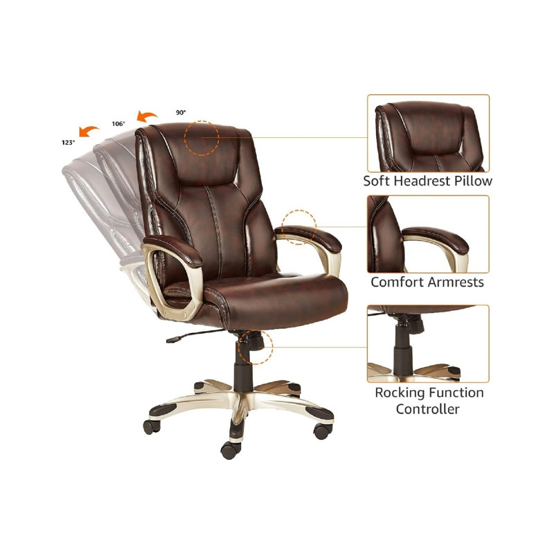 Fauteuil de bureau de direction à haut dossier, hauteur réglable, inclinable, pivotant, taille unique, brun